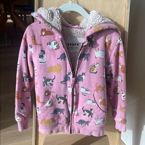 Mini Boden Girls Sherpa Lined Pink Cat Print Hoodie 5-6y